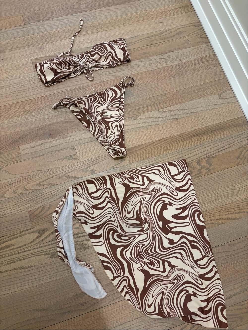 Brown & Cream Swirl Bikini Set with Matching Sarong